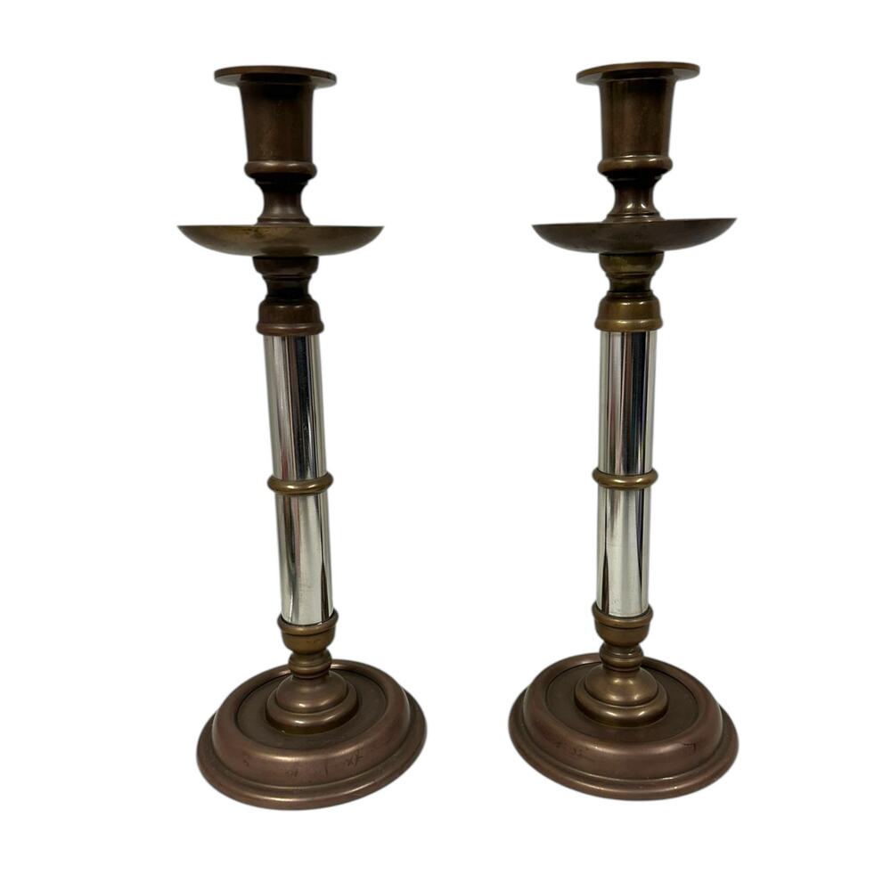 Vintage Mixed‎ Metal Candlesticks Brass and Steel With Pantina 12' tall MCM